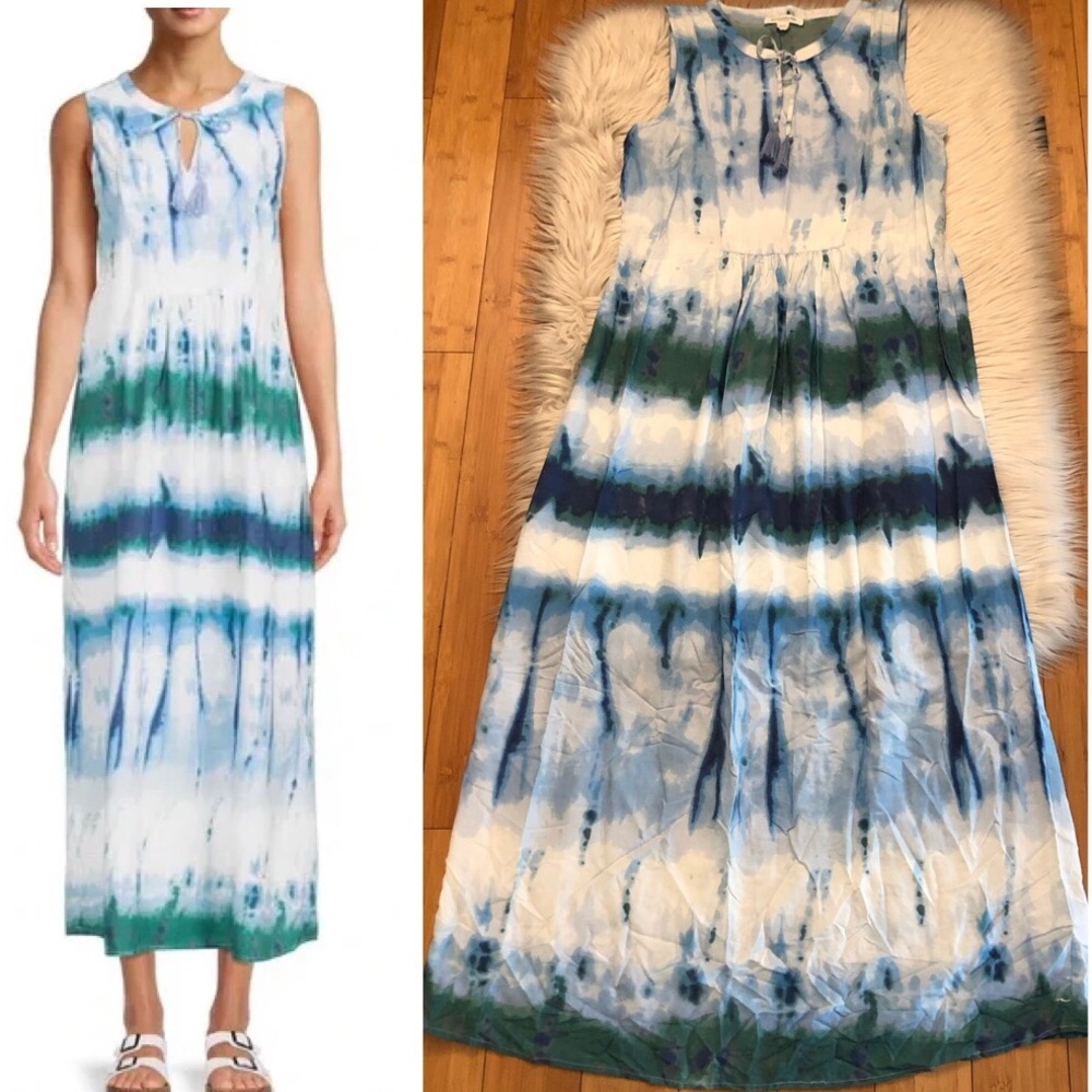 Beach Lunch Lounge Tie Dye Ombre Green Blue White Tassel Maxi Dress size S